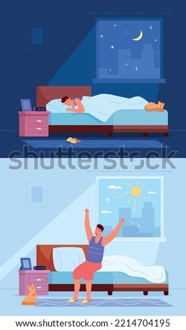 Sleeping waking up man. Waking-up yawning on bed of fresh early morning, start day sunrise rays, healthy sleep dream night in home bedroom, awakening stretching vector illustration of man in bed yawn
