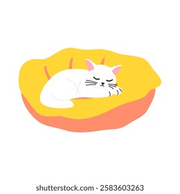 Sleeping White Cat Curled Up in a Cozy Yellow Pet Bed, Domestic Feline Resting, Comfortable, Relaxing, Peaceful, Isolated on White Background