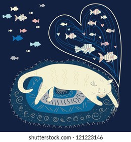 El gato blanco durmiendo en la alfombra. Ilustración del vector