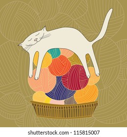 Sleeping White Cat On The Yarn. Vector Illustration