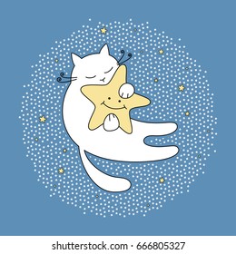 A sleeping white cat with a star. Vector illustration.