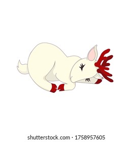 Venado blanco durmiendo con pezuñas rojas y ánimos sobre fondo blanco aislado, ilustración de material vectorial hecha al estilo de dibujos animados para impresiones, patrones, logos e íconos, decoración de sitios web y postales.