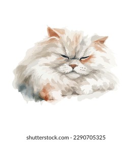 sleeping white persian cat in watercolor