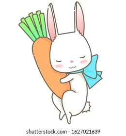 Sleeping white rabbit hug carrot cartoon character.