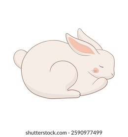 Sleeping white rabbit with pink ears and cheeks. Curled up in a relaxed pose with closed eyes. Cute fluffy pet resting peacefully.