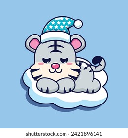 Sleeping white tiger cartoon vector illustration. 