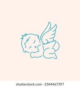 Sleeping winged turquoise baby drawing. Vector.