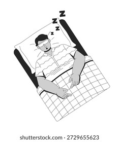 Dormir sin contaminación lumínica ilustración de contorno. Descanso nocturno. Rutina para acostarse. Hombre tomando una siesta tranquila en la cama con máscara de ojos 2D línea de carácter aislado en blanco. Imagen lineal de tinta de Vector monocromo