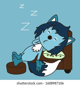 sleeping wolf with blue wool with Zzz sign above his head, lying on an armchair, legs resting on an ottoman, color vector emoticon in cartoon style