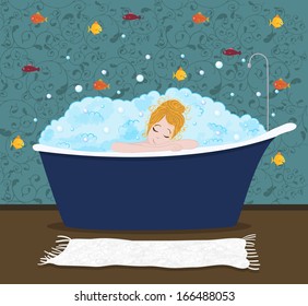 The sleeping woman in a bath with colorful fishes on a background with curly floral ornament and a towel.
