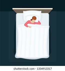 Sleeping woman. Woman sleeping in bed. Bedroom vector illustration.