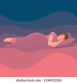 Sleeping woman. Woman sleeping in bed with blanket. Bedroom vector illustration.
Lady sleeping at night. Woman sleep in bed under duvet.