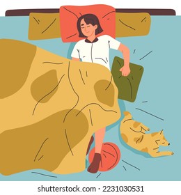 Sleeping woman in bed. Cartoon resting with cute dog female character, bedtime scene flat vector illustration on white background