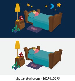 Sleeping woman in bed. Cartoon style female character peacefully resting in her bad. Good night sleep concept metaphor.  Part of set.