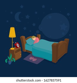 Sleeping Woman In Bed. Cartoon Style Female Character Peacefully Resting In Her Bad. Good Night Sleep Concept Metaphor.  Part Of Set.