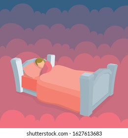 Sleeping woman in bed with clouds on background. Female peacefully resting in her bad. Good night sleep concept metaphor.  Part of set.