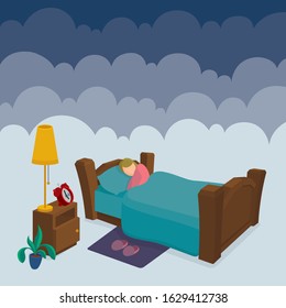 Sleeping woman in bed with clouds on background. Female peacefully resting in her bad. Good night sleep concept metaphor.  Part of set.