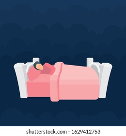 Sleeping woman in bed with clouds on background. Female peacefully resting in her bad. Good night sleep concept metaphor.  Part of set.