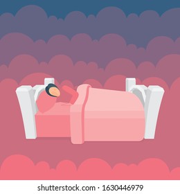 Sleeping woman in bed with clouds on background. Female peacefully resting in her bad. Good night sleep concept metaphor.  Part of set.