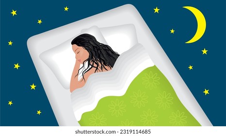 Mujer durmiendo en la cama. Dimensión 16:9. Ilustración vectorial.