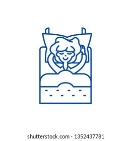 Sleeping woman in bed  line icon concept. Sleeping woman in bed  flat  vector symbol, sign, outline illustration.