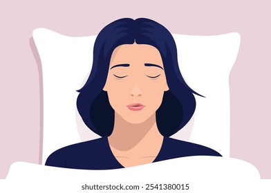 Mujer durmiente en la cama - Cara de la persona joven con los ojos cerrados del sueño, sintiendo comodidad y relajado con la cabeza en la almohada que miente debajo de la manta en cama. Ilustración vectorial de vista de arriba hacia abajo