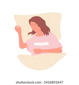 Sleeping woman in bedroom. Night sweet dreams, girl falls asleep cartoon vector illustration