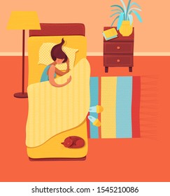 Sleeping woman in bedroom vector illustration. Female sleeper and pet cartoon characters. Young girl lying in bed. Bedtime, nighttime, relaxation. Home coziness, domestic atmosphere concept