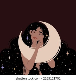 Sleeping woman and big moon.  Woman with long hair decorated with stars. Illustration about sleep, good dream, starry night, magic, peaceful, calm, etc.