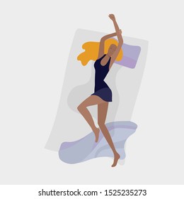 Sleeping woman character. Girl are sleep in bed alone in relax pose. Top view. Colorful vector illustration