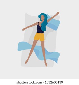 Sleeping woman character. Girl are sleep in bed alone in relax pose. Top view. Colorful vector illustration