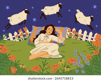 Sleeping woman. Counting sheep in dream. Night sky. Cute girl dreaming in garden with flowers. Dreamland art. Bedtime story. Counting lambs. Floral meadow. Peaceful concept design. Vector illustration