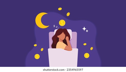 Sleeping woman earning money. Woman lying in bed in bedroom, smiling while money is raining down