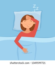 Sleeping woman face cartoon character happy girl have a sweet dream. Person with closed eyes in darkness night lying on bed, pillow, blanket. Resting female napping, tired, zzz vector illustration