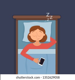 Sleeping woman face cartoon character happy girl have a sweet dream. Person with closed eyes in darkness night lying on bed, pillow, blanket. Resting female napping, tired, zzz vector illustration