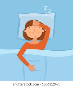 Sleeping woman face cartoon character happy girl have a sweet dream. Person with closed eyes in darkness night lying on bed, pillow, blanket. Resting female napping, tired, zzz vector illustration