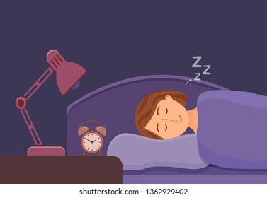 Sleeping woman face cartoon character happy girl have a sweet dream. Person with closed eyes in darkness night lying on bed, pillow, blanket. Resting female napping, tired, zzz vector illustration