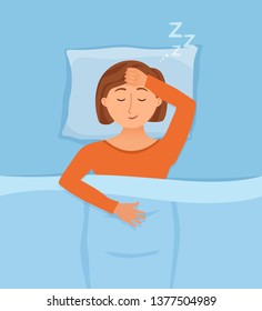 Sleeping woman face cartoon character happy girl have a sweet dream. Person with closed eyes in darkness night lying on bed, pillow, blanket. Resting female napping, tired, zzz vector illustration