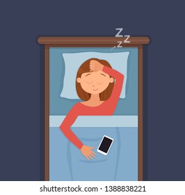 Sleeping woman face cartoon character happy girl having a sweet dream. Person with closed eyes in darkness night lying on bed, pillow, blanket. Resting female napping, tired, zzz vector illustration