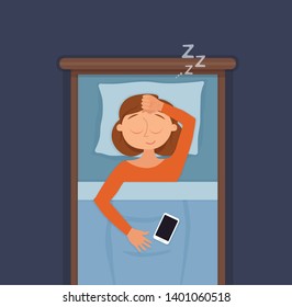 Sleeping woman face cartoon character happy girl have a sweet dream. Person with closed eyes in darkness night lying on bed, pillow, blanket. Resting female napping, tired, zzz vector illustration