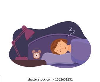 Sleeping woman face cartoon character happy girl have a sweet dream. Person with closed eyes in darkness night lying on bed, pillow, blanket. Resting female napping, tired, zzz vector illustration