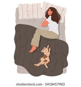 Mujer durmiendo. Personaje femenino descansando en la cama con un lindo gato, una chica y su mascota relajándose bajo una manta plana de ilustración vectorial. Persona durmiente dibujada a mano