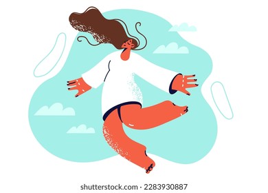 Sleeping woman flies in dream when she sees carefree dreams about happy future or beloved family. Girl with closed eyes soars among clouds enjoying sound sleep after hard working week 