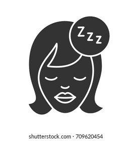 Sleeping woman glyph icon. Silhouette symbol. Girl's face with closed eyes and zzz sign. Negative space. Vector isolated illustration