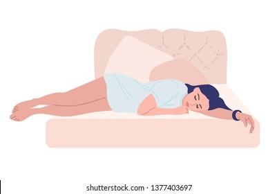 Ilustración vectorial plana dibujada a mano por una mujer durmiente. Joven en el personaje de caricatura del pantalones. Cansada, exhausta, durmiendo en la cama. Hora de la cama, descanso nocturno. Soledad, depresión elemento de diseño aislado