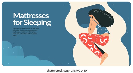 Sleeping woman landing page template. Girl sleeps in bed on side, Sweet dreams, good health concept. Female character in pajama relax on pillow. Flat vector layout illustration, advert banner 