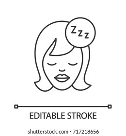 Sleeping woman linear icon. Woman face with closed eyes and zzz sign. Thin line illustration. Night rest. Contour symbol. Vector isolated outline drawing. Editable stroke