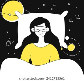 Sleeping woman linear. Young girl in face mask lying at pillow at background of space. Imagination, fantasy and dream. Rest and relax, wellbeing and recuperation. Doodle flat vector illustration