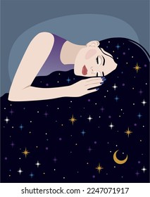 Sleeping woman with long hair. Woman dreaming in night sky and stars. Vector illustration