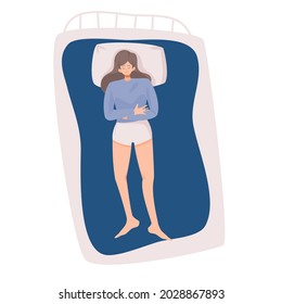 sleeping woman lying on her back postures. concept of  sleeping at night, dreaming, comfortable, and relaxing, Flat vector cartoon illustration